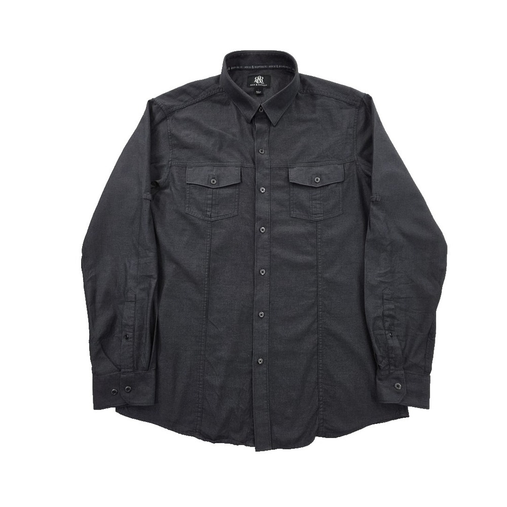 Rock & Republic Shirt Men's L Black All Cotton Roll Tab Sleeves Button Up Hvywt‎
